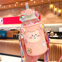 Kawaii 620ml Straw Water Bottle with Outdoor Strap
