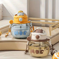 Cartoon Bear Water Bottle with Lid and Straw, 500ml