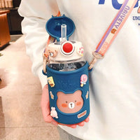 Kawaii 620ml Straw Water Bottle with Outdoor Strap