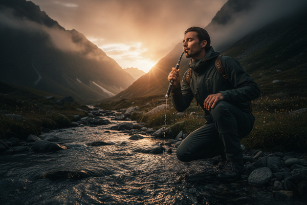 Person drinking from a crystal clear mountain stream using a survival water filter straw