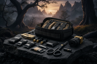 278-piece tactical first aid kit laid out on dark stone in the wilderness